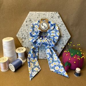 Handmade Blue Daisy Pattern Scrunchie Bow with Matching Mushroom Earrings